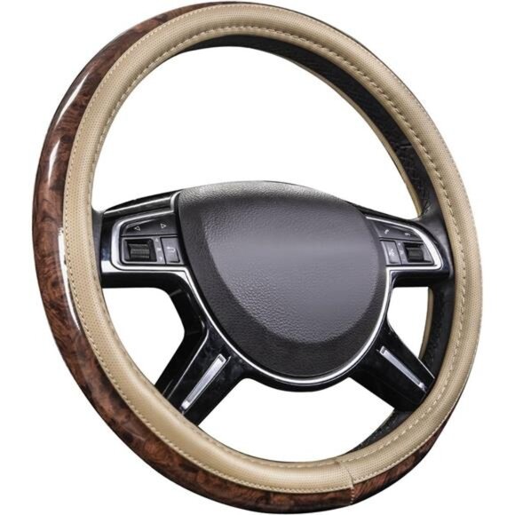 Wood Grain 14.5-15 inch Microfiber Leather Steering Wheel Cover, Anti-Slip - Picture 1 of 7